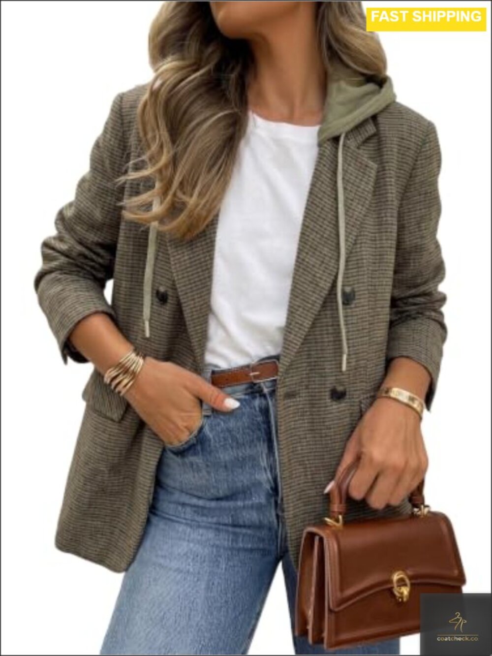 Women's Hooded Tweed Plaid Blazer Jacket Business Casual Long Sleeve